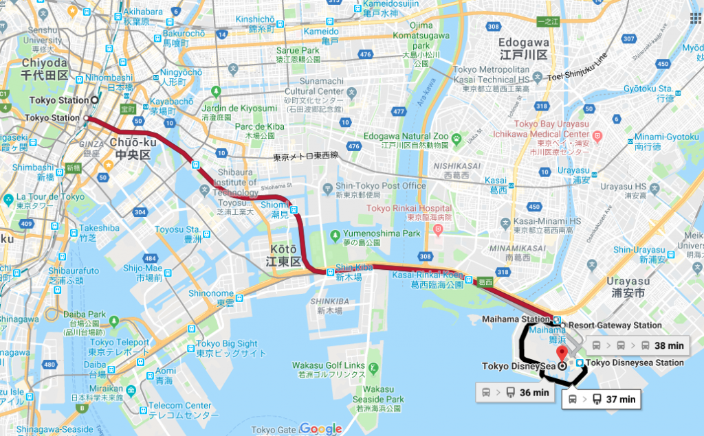 Carte de Google Maps - Tokyo Train Station to Tokyo Disney Sea